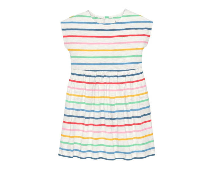 Front view of Primary Backyard Dress - Ivory Rainbow Stripe. Available at www.tenlittle.com
