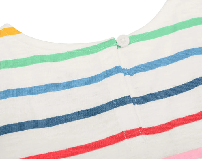 Back button closure of Primary Backyard Dress - Ivory Rainbow Stripe. Available at www.tenlittle.com
