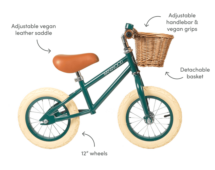 Banwood Balance Bike in Green with features. Available at www.tenlittle.com