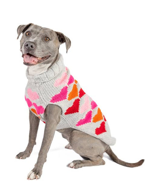 Valentine's Day-themed knit sweater for dogs with heart print.