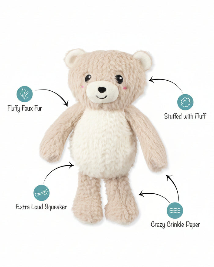 Soft stuffed bear toy for dogs with engaging textures and squeaker . Updated May 2026.
