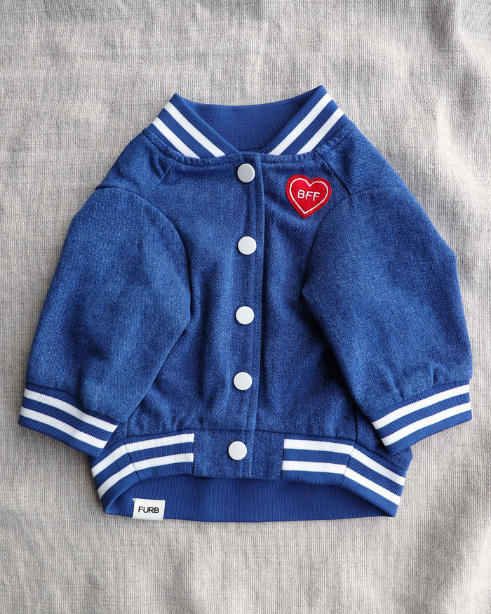 Best Friends Furever Denim Jacket dog jacket with striped heart print embroidered