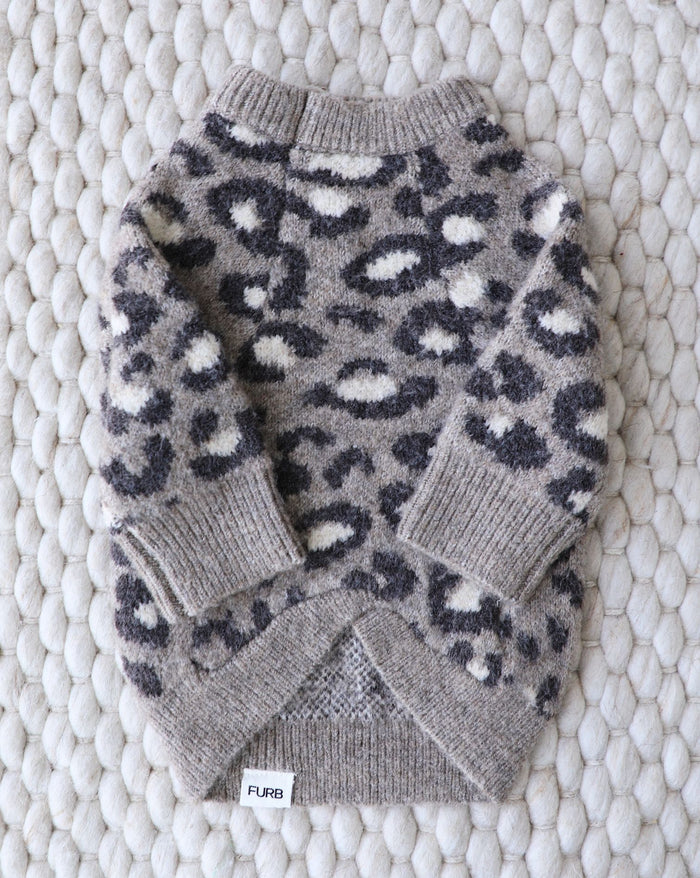 Leopard print dog sweater with a bold yet cozy feel, designed for everyday warmth and style, perfect for French bulldogs, pugs, and shih tzus
