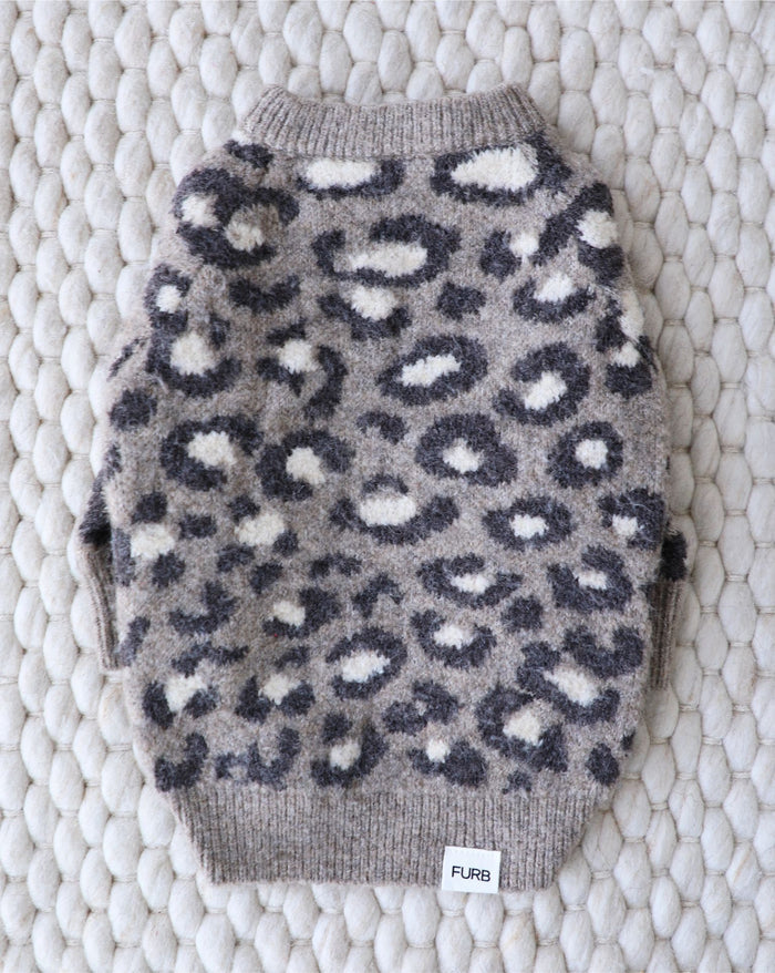 Classic animal print dog sweater designed for warmth and flexibility, perfect for cool days, great for Frenchies and small spaniels
