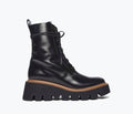 Black FREDA SALVADOR Billie platform combat boot with front view showing lace-up design and chunky sole.