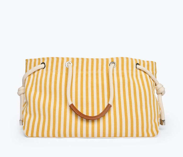 Freda Salvador Birdie canvas tote handbag in mustard and white with front design, ideal for casual everyday use.