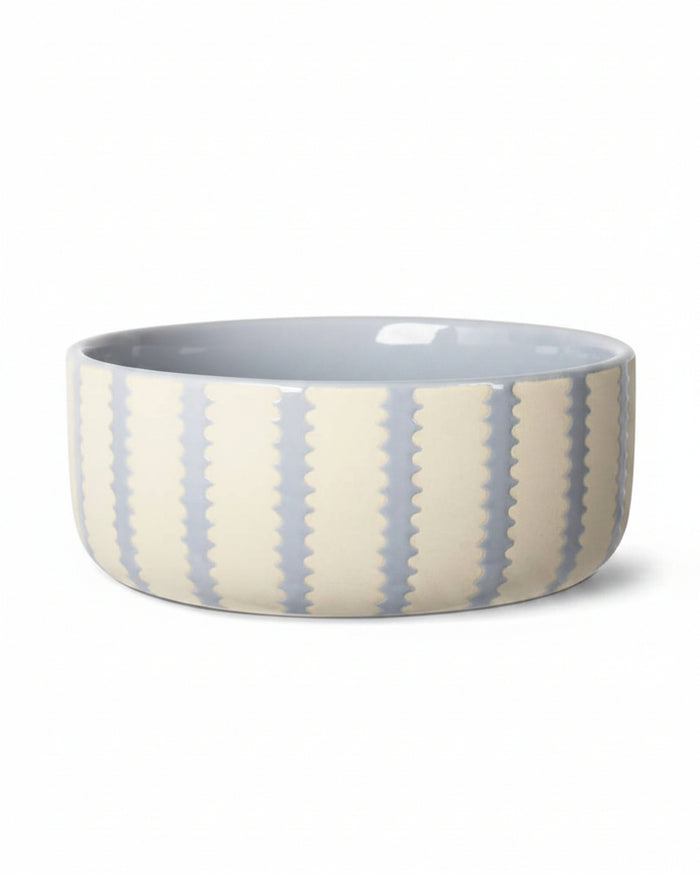 Blue and ivory ceramic dog bowl with modern minimalist feeding design. Updated May 2026.