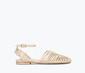 Freda Salvador Blake Caged Woven Flat in vanilla calf leather, showing front view with woven strap design and flat sole.