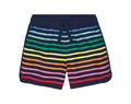 Front view of Primary Board Shorts - Navy Rainbow Stripe. Available at www.tenlittle.com
