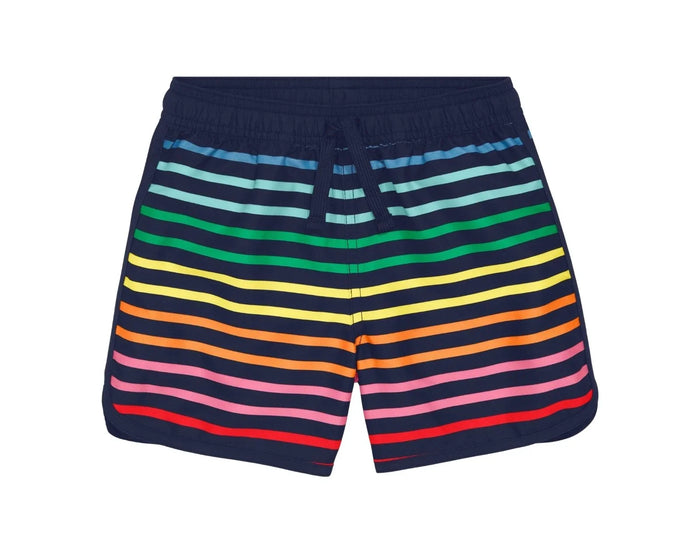Front view of Primary Board Shorts - Navy Rainbow Stripe. Available at www.tenlittle.com