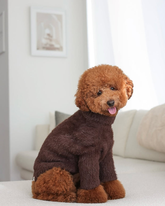 brown eyelash knit dog sweater customer social photo