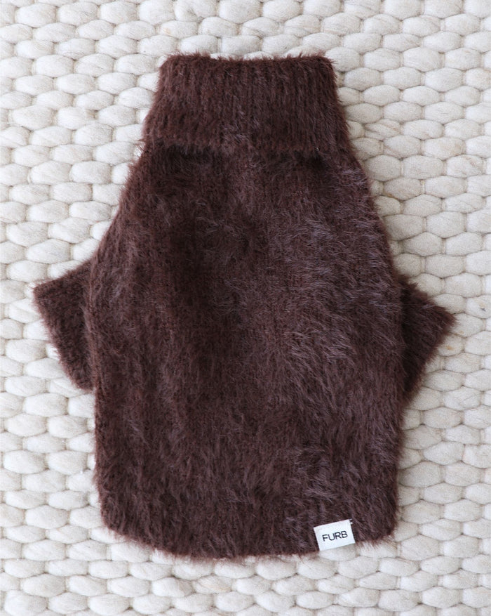 brown eyelash knit dog sweater on dog portrait lifestyle image