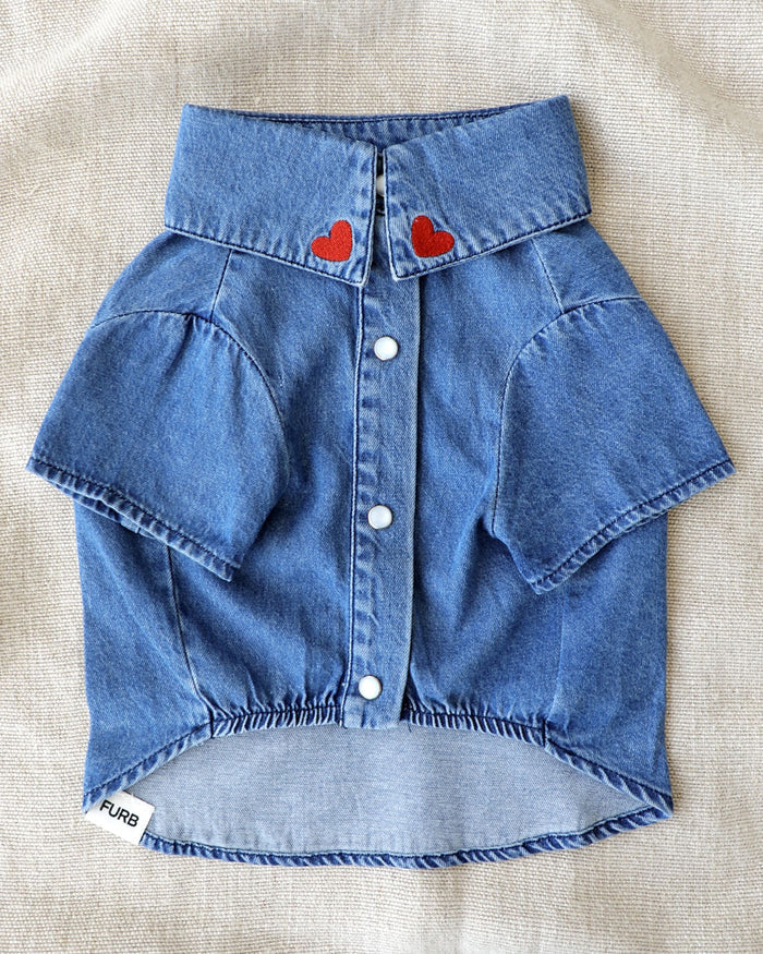 Stylish denim dog shirt with red embroidered hearts, pearl button snaps and comfortable elastic fit for small to medium breed dogs