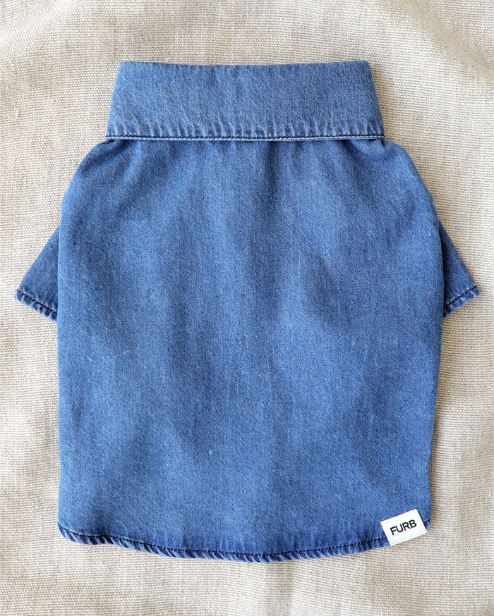 Western-inspired denim dog shirt with embroidered heart collar and easy button-snap styling for small to medium breed dogs