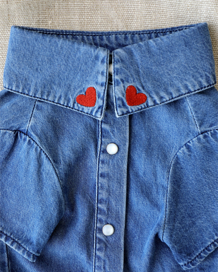 Cute denim dog shirt featuring red heart embroidery and pearl button snaps for fashionable small to medium breed dogs