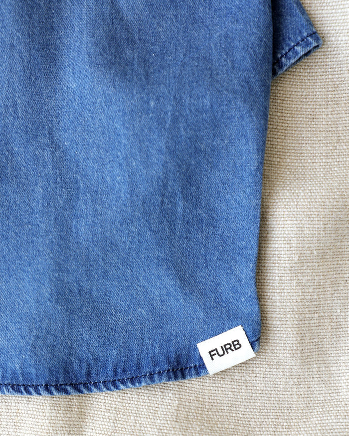 Soft denim dog shirt with charming heart collar detail and comfortable elastic undercarriage for small to medium breed dogs