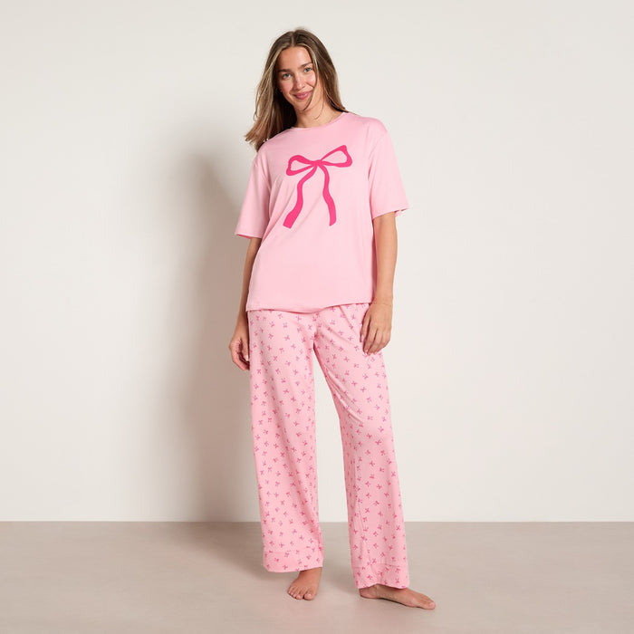 Bow Print T-Shirt Pyjama Set - Pink