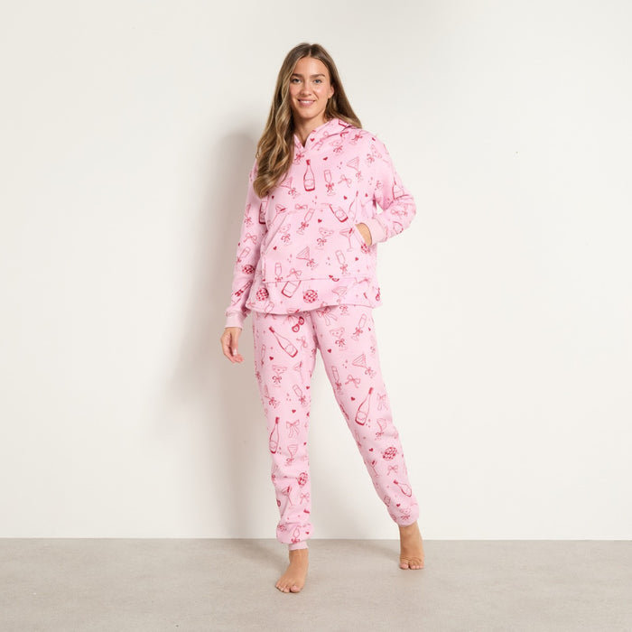 Bows and Cocktails Fleece Hoodie Loungewear Set - Pink