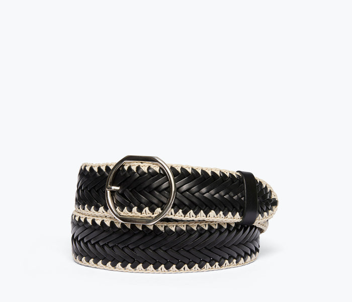 Black Brandy woven belt by Freda Salvador, featuring intricate woven design and sleek leather finish.