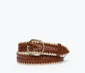 Freda Salvador Brandy woven calf leather belt with front view showing detailed woven pattern and rich cognac color.