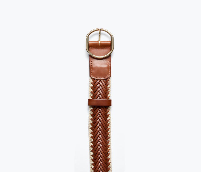 Freda Salvador Brandy woven leather belt in cognac calf leather with detailed woven texture and sleek buckle.