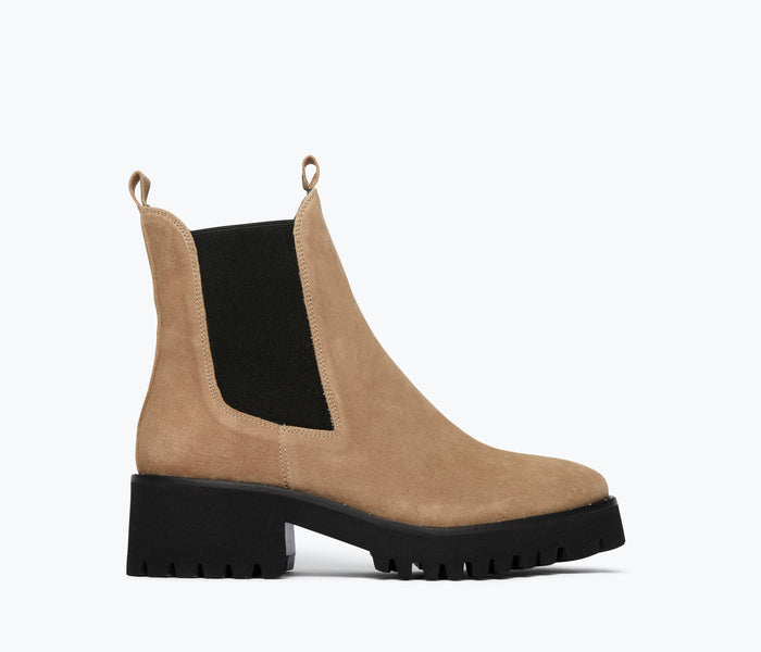 Freda Salvador Brooke rain-resistant boot in biscotti suede with front view, showcasing stylish and durable footwear design