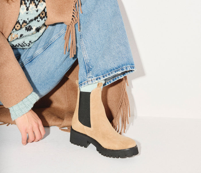 Fredas Salvador Brooke rain-resistant boot in biscotti suede, showcasing a stylish waterproof ankle boot with a textured finish.