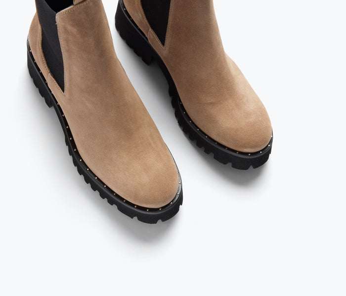 Freda Salvador Brooke rain-resistant boot in biscotti suede with sleek design and waterproof features.