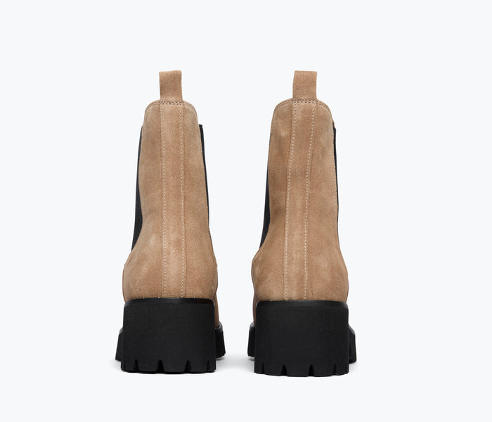Freda Salvador Brooke rain-resistant boot in biscotti suede with a block heel, stylish and waterproof for wet weather.