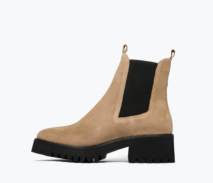 Freda Salvador Brooke rain-resistant boot in biscotti suede, showing the inside lining and stylish ankle design.
