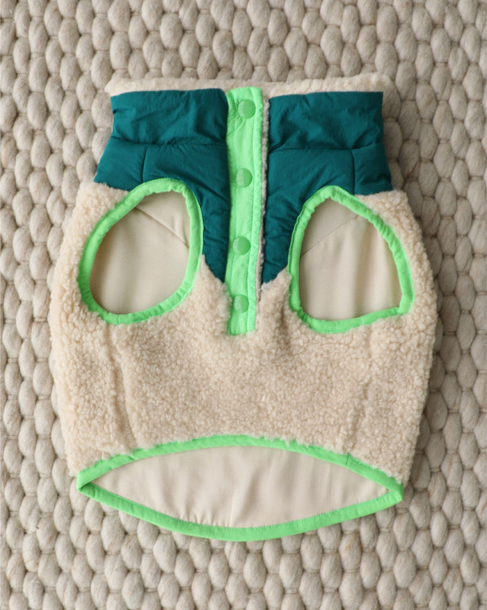 Cabin Critter neon green sherpa dog vest with cozy fleece texture, perfect for cold weather walks on French Bulldogs, Pugs, Corgis, and small dogs