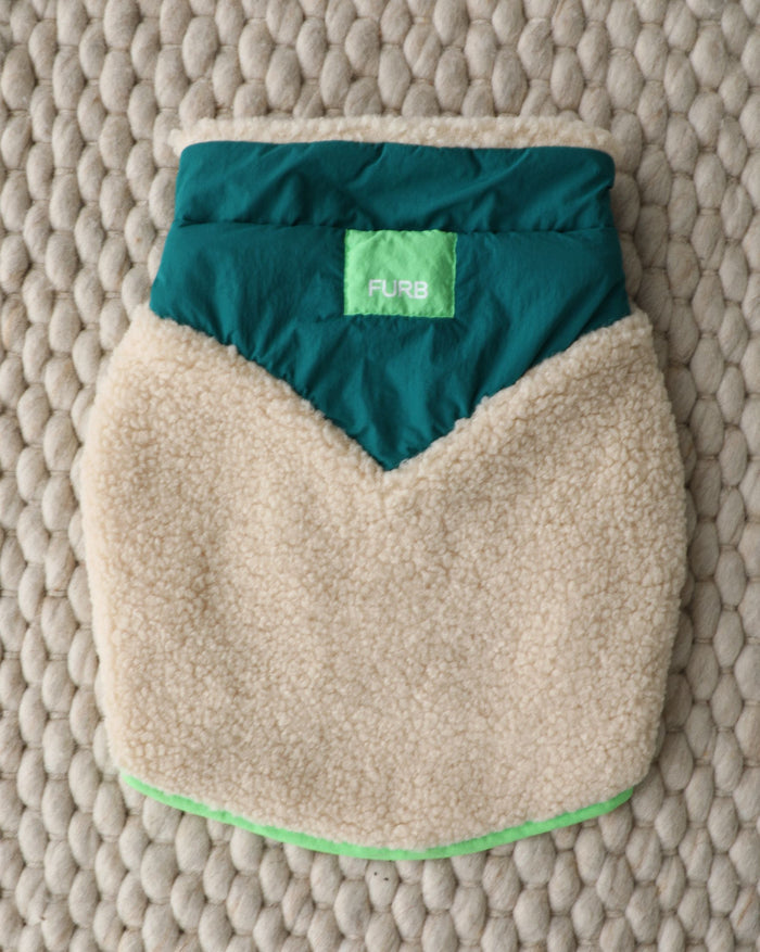 Bright green sherpa dog vest offering warmth and visibility, great for outdoor adventures with Beagles, Mini Aussies, Boston Terriers, and medium breeds