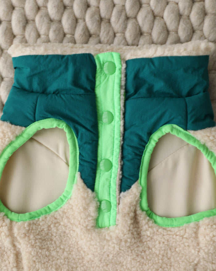 Neon green sherpa lined dog vest for warmth and comfort, perfect for chilly walks with Corgis, Pugs, Boston Terriers, and small to medium dogs