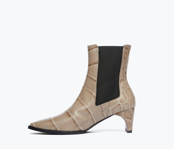 Freda Salvador Callie Chelsea boot with stone crock leather, inside view showing sleek ankle-high design and textured leather finish.