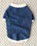 Calvin Blue Striped Dog Sweatshirt, soft cotton French terry crewneck with sporty blue stripes and ivory ribbed trim for small to medium breed dogs