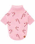 Pink candy cane knit dog sweater with festive stripes, soft and playful for winter outings, ideal for French bulldogs, pugs, and toy breeds