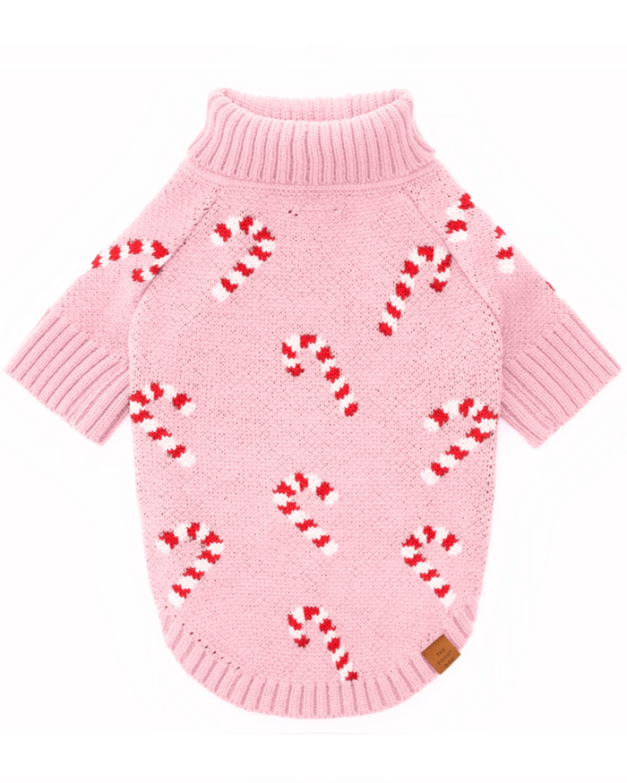 Pink candy cane knit dog sweater with festive stripes, soft and playful for winter outings, ideal for French bulldogs, pugs, and toy breeds