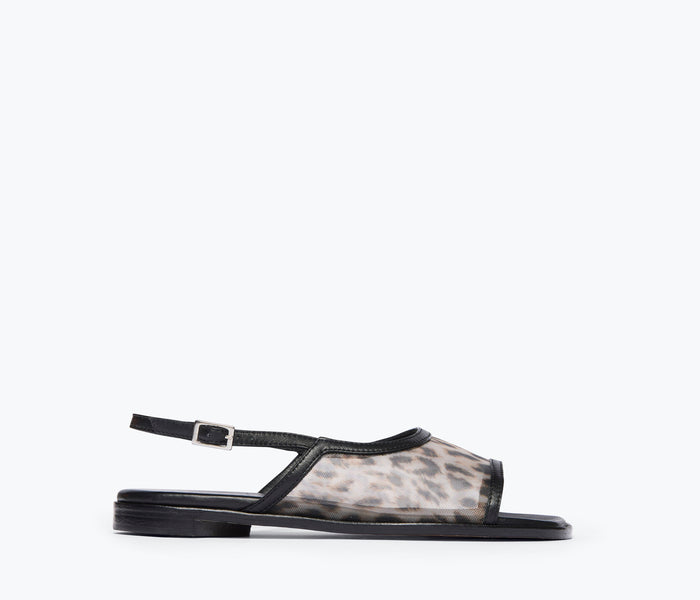 Fredas Salvador Carmen slingback sandal with leopard mesh front and pointed toe, stylish and elegant footwear.