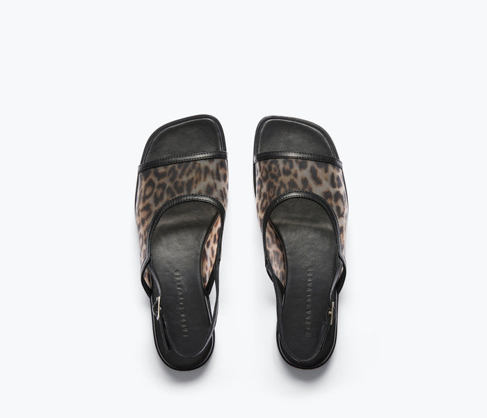 Freda Salvador Carmen leopard print slingback sandal with mesh top, stylish open-toe design and ankle strap.