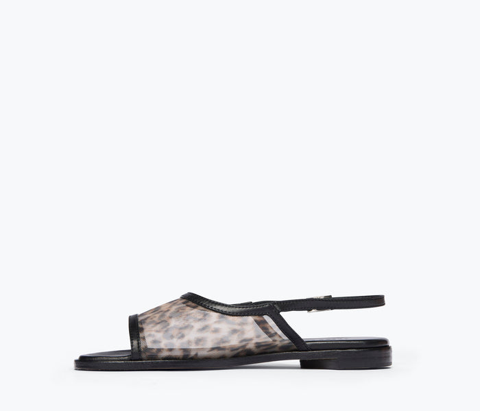 Freda Salvador Carmen Leopard Mesh Slingback Sandal with pointed toe and low heel, showcasing leopard print fabric and elegant design.