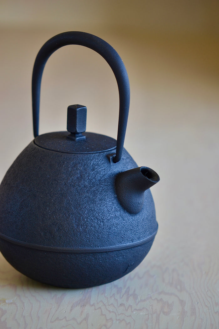 Studio shot of medium Nambu Tetsu Cast Iron Teapot called Egg from Kukan Chuzo in Japan.
