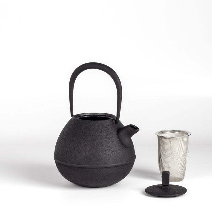 Medium Nambu Tetsu Cast Iron Teapot called Egg from Kukan Chuzo in Japan with infuser and lid on white background.