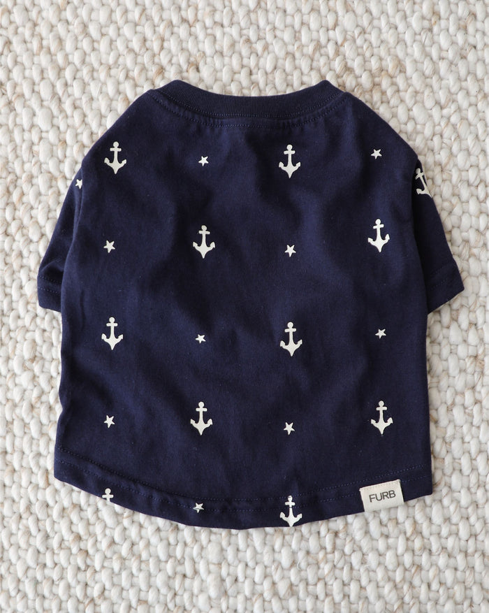 blue dog t shirt with anchor print, soft cotton pet apparel with coastal inspired style