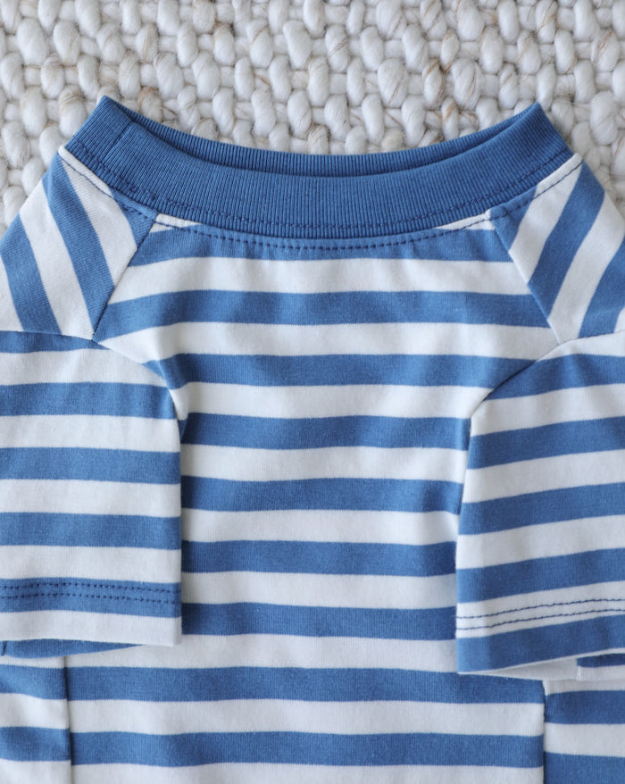 casual dog tee with blue stripes, soft cotton apparel designed for comfort and layering
