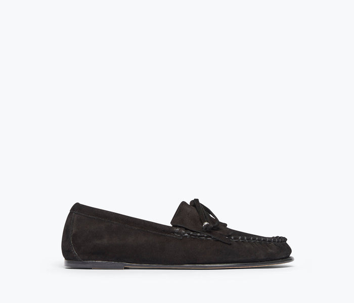 Black suede Celeste Fringe Loafer by Freda Salvador with front view showing fringe details and sleek loafer design.