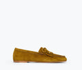 Fredas Salvador Celeste fringe loafer in soft suede, front view showing fringe detail and classic loafer silhouette.