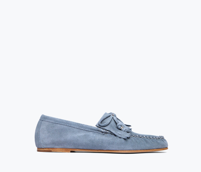 Fredas Salvador Celeste Fringe Loafer in denim and suede with decorative fringe detail, front view showing stylish craftsmanship.