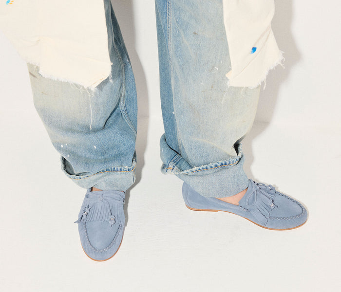 Freda Salvador Celeste Fringe Loafer in denim and suede with fringe details, stylish slip-on shoe for casual and chic looks
