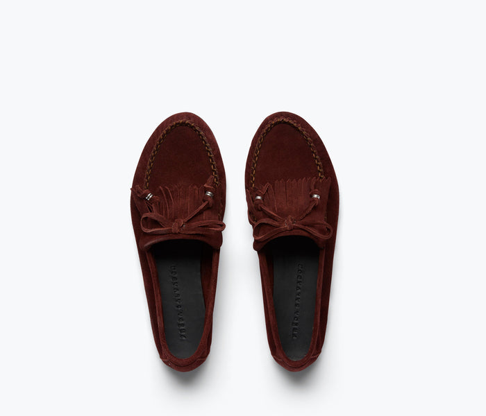 Freda Salvador Celeste fringe loafer in beige suede with fringe detailing, stylish slip-on shoe on a neutral background.