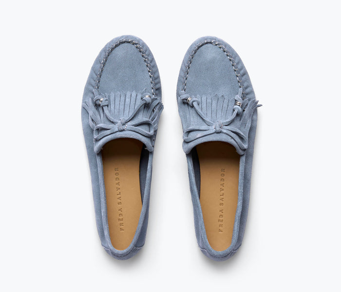 Fredaa Salvador Celeste Fringe Loafer in denim and suede, featuring a stylish fringe detail and classic loafer design.